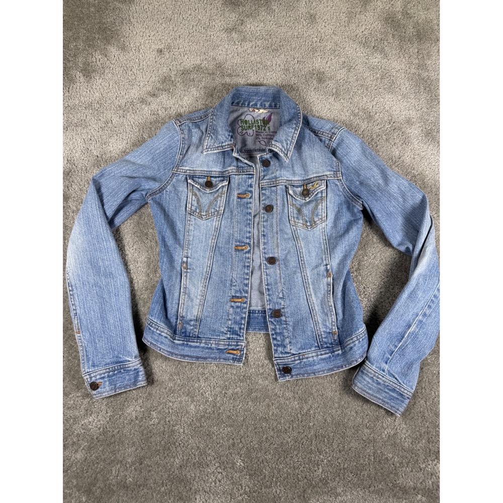 Hollister Surf 1922 Womens Small Light Wash Denim Trucker Jacket Floral Trim S